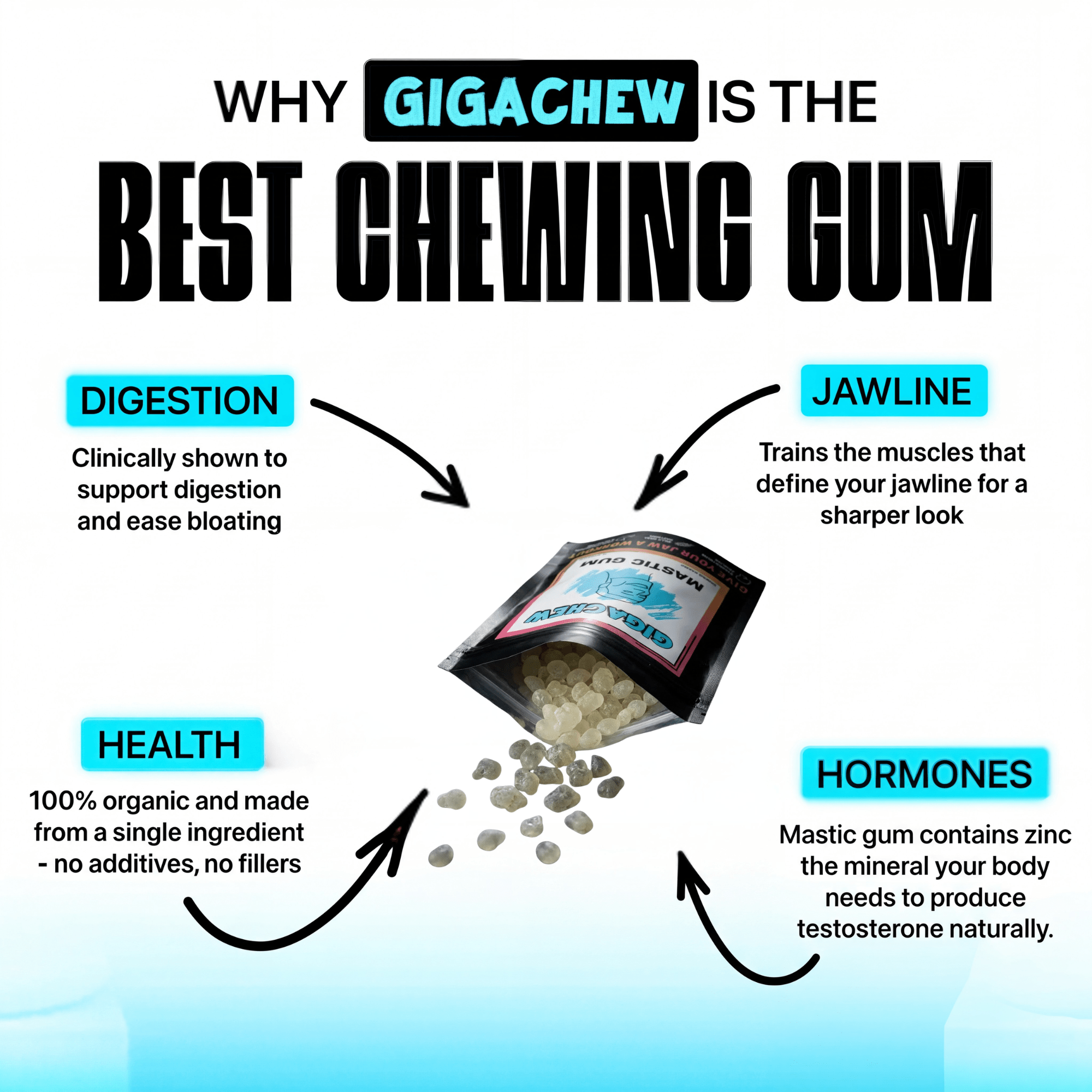 Giga Chew Mastic Gum pack showing rectangular pieces of natural mastic gum in a clear wrapper.