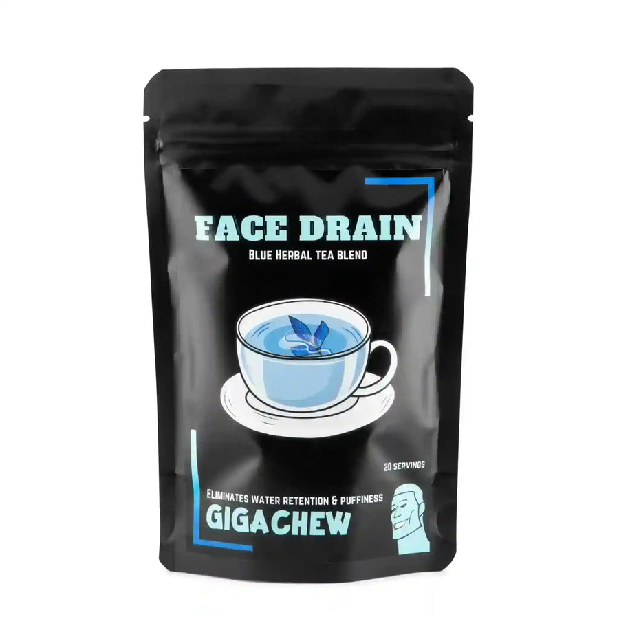 Gift box of Giga Chew Free Face Drain Herbal Tea with herbal tea bags and packaging for natural detox and skincare.