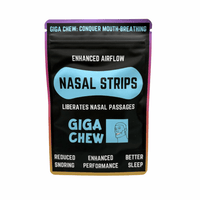 Giga Chew 90-Day Jawline Reset bundle with nasal strips, showcasing the product packaging and nasal strips in a natural setting.