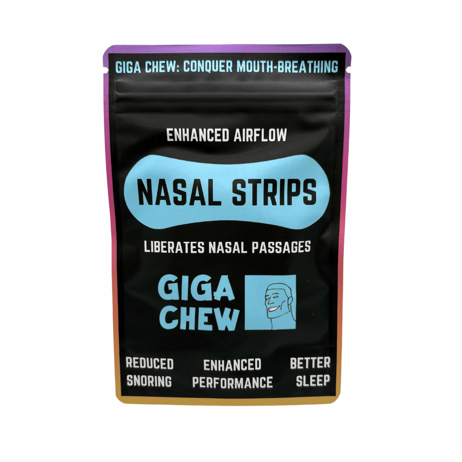 Giga Chew 90-Day Jawline Reset bundle with nasal strips, showcasing the product packaging and nasal strips in a natural setting.