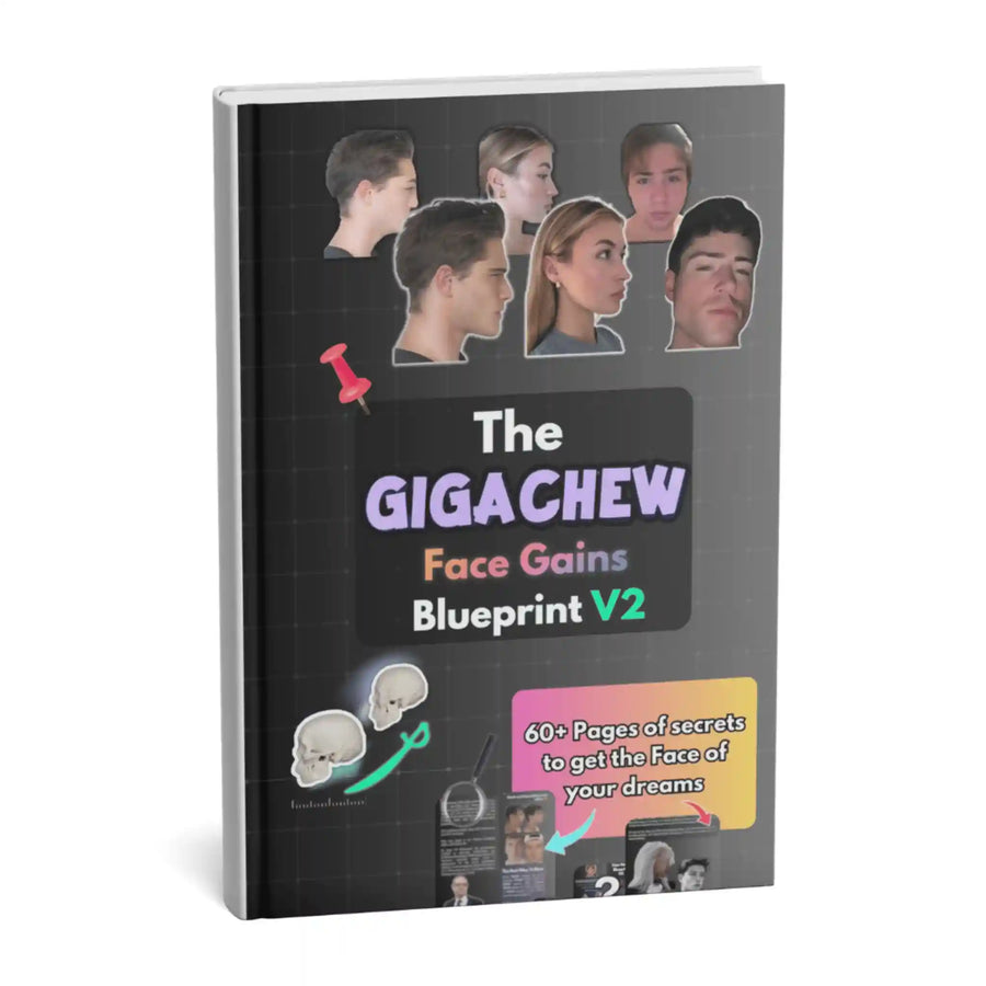 Giga Chew The Face Gains Blueprint booklet with detailed facial exercises and muscle training tips for face toning.