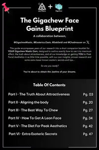 Giga Chew Free Face Gains Blueprint gift card with colorful design and bold typography on a white background.